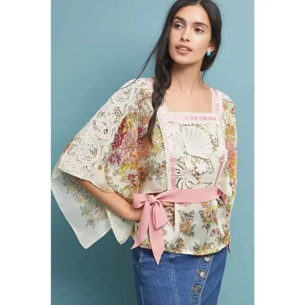Anthropologie TINY Begonia floral kimono Ribbon wrap blouse top Small NWT
